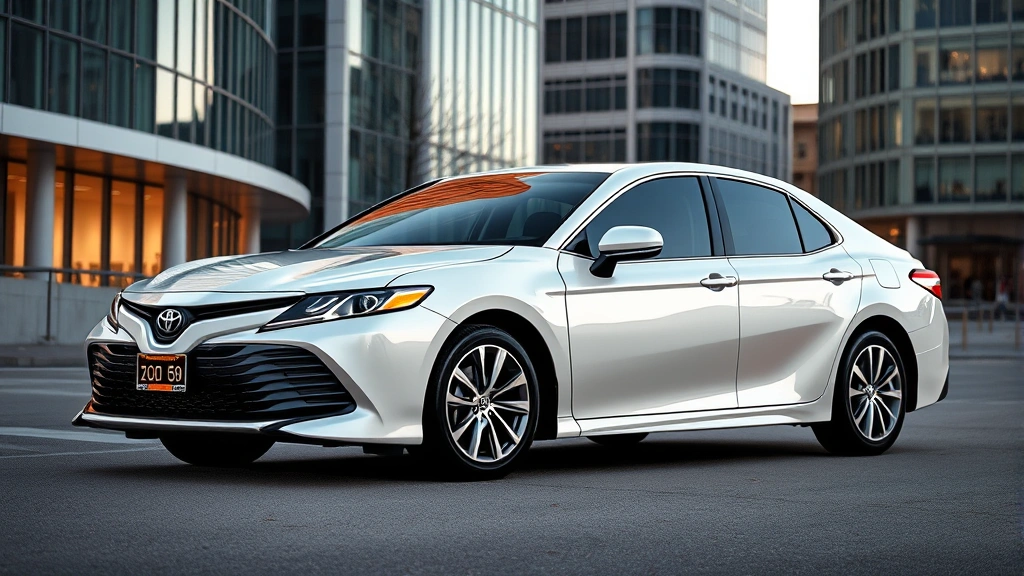 Toyota Camry hybrid sedan in pearl white, parked in modern urban setting with contemporary architecture background, showcasing reliability and elegant design, daytime lighting