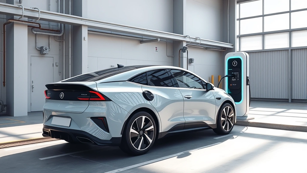 Modern electric vehicle charging at fast-charging station, futuristic design elements, minimalist industrial setting, bright daylight, emphasizing sustainability and technology innovation