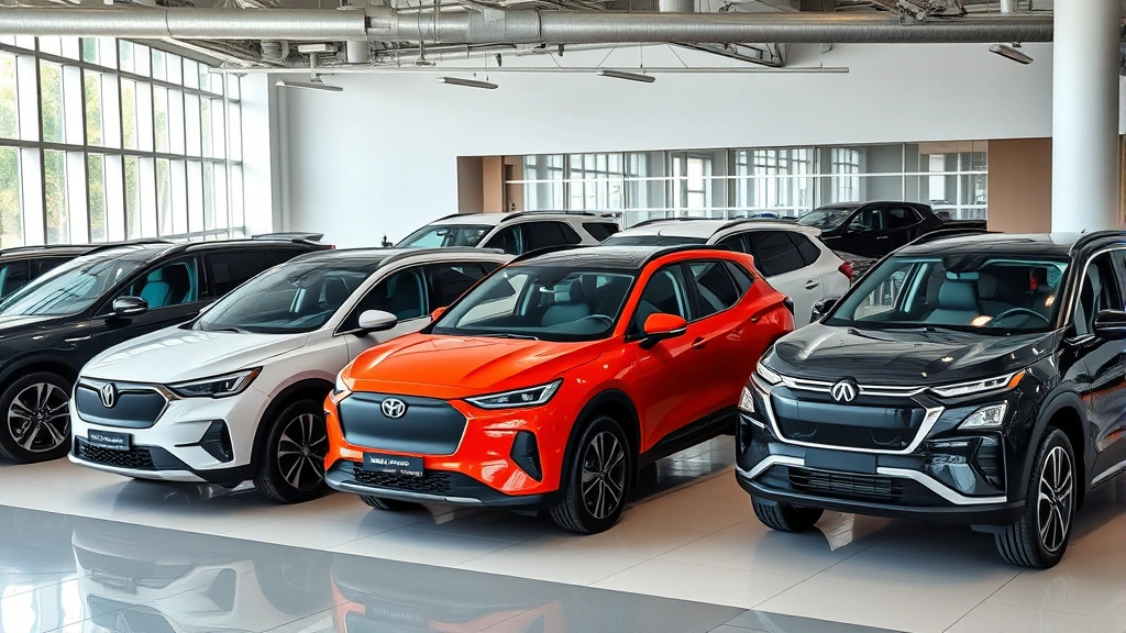 Multiple 2024 vehicles parked in modern showroom—sedan, SUV, truck, electric vehicle—showcasing diverse automotive lineup, clean lighting