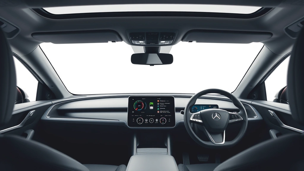 Interior dashboard view of premium EV showing advanced infotainment system, digital gauges, and steering wheel, modern minimalist cabin design, professional automotive interior photography