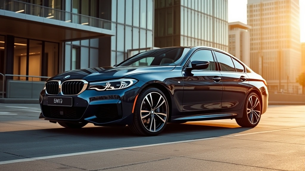 BMW M440i xDrive dark blue luxury sedan in urban setting with modern buildings, premium appearance, professional lighting, detailed wheels