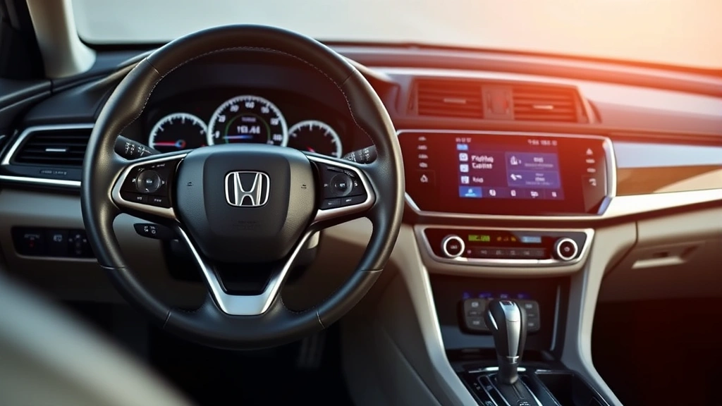 Honda Accord Hybrid interior dashboard and steering wheel, showing modern touchscreen display and premium leather appointments, soft interior lighting, clean minimalist design