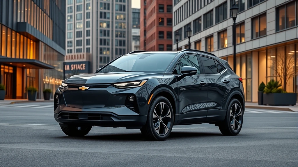 Chevrolet Blazer EV electric SUV parked in contemporary urban setting with modern buildings, three-quarter front view, professional lighting, no text
