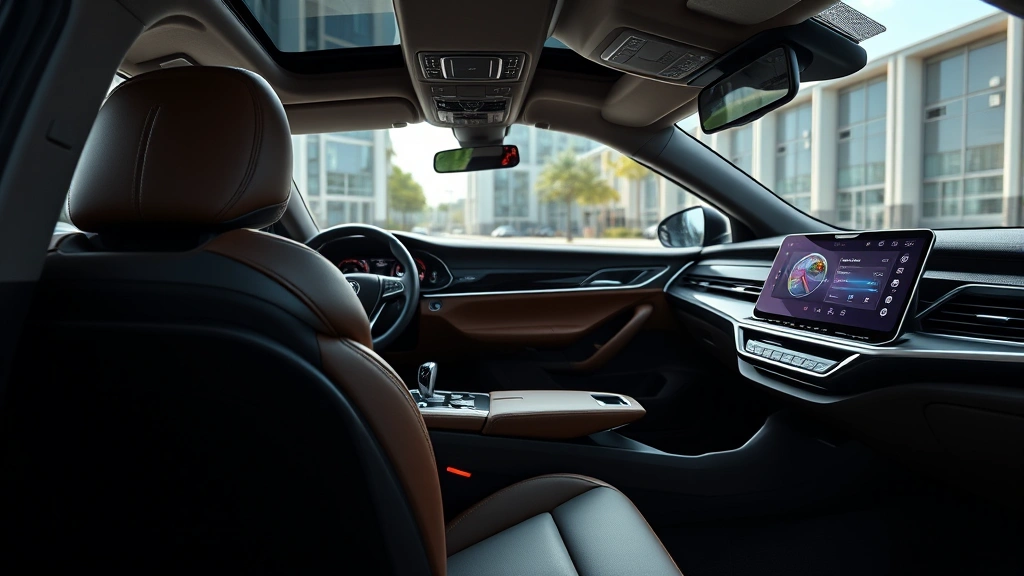 Modern family sedan interior showcasing premium leather seating, digital instrument cluster, and advanced touchscreen infotainment system with smartphone integration