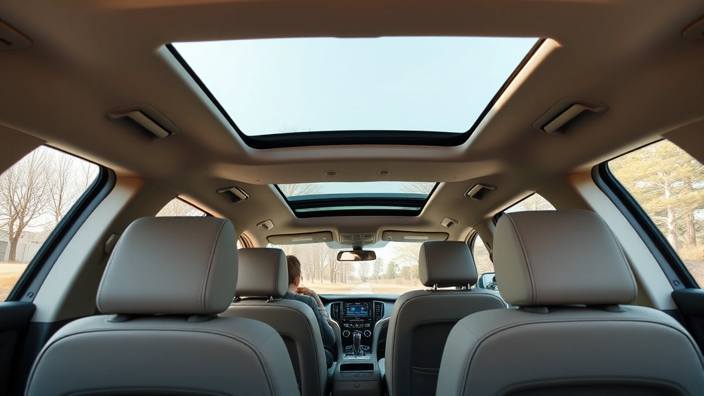 Three-row family SUV interior showing all three rows of seating with sunroof open, passengers enjoying spacious cabin with modern dashboard and touchscreen display visible