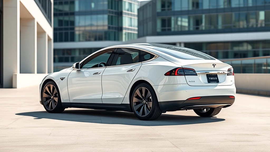 Tesla Model S Plaid from three-quarter view in modern urban setting, sleek white or pearl finish, contemporary architecture background, clean minimalist composition