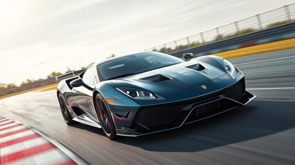 High-performance sports car with aerodynamic body lines accelerating on a race track, dynamic motion blur background