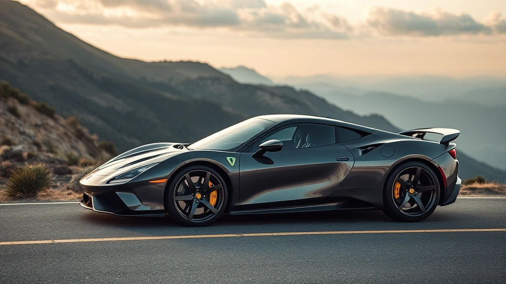 Sports car dynamic exterior shot emphasizing aerodynamic design lines, performance wheels, and sleek body styling on mountain road