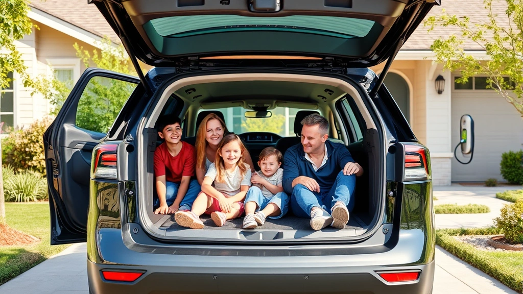 Family loading electric crossover SUV with open cargo doors, suburban home with charging station visible, multiple passengers smiling, daylight scene