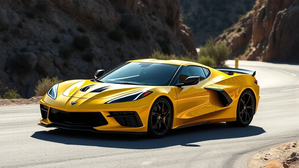 Bright yellow Chevrolet Corvette C8 Z06 mid-engine sports car in dynamic cornering position, canyon road background, sunlit paint highlighting curves, no visible driver