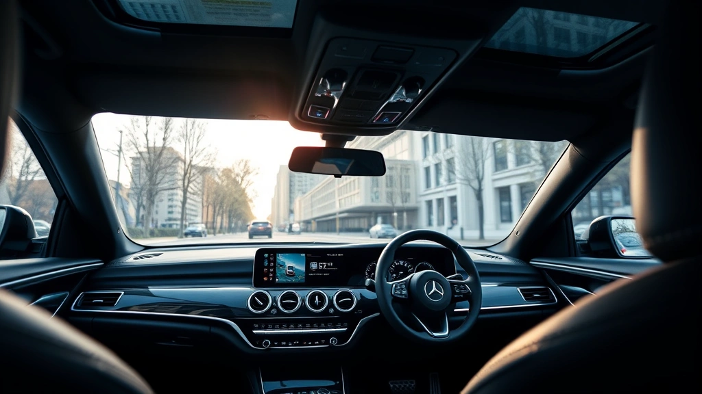 Interior dashboard view of luxury sedan showing modern infotainment touchscreen, ambient lighting, and premium leather steering wheel, natural daylight through windshield