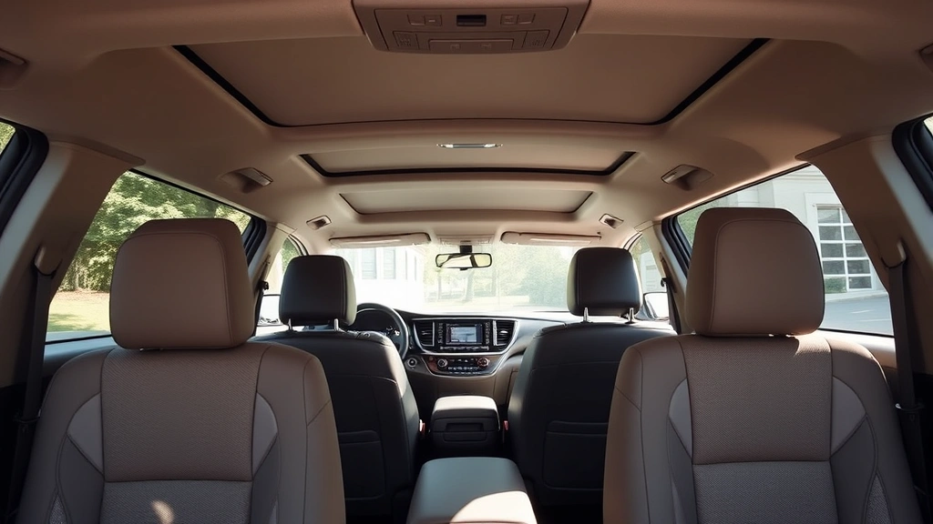 Toyota Highlander three-row interior showing spacious cabin with comfortable seating, sunlight streaming through windows, clean modern dashboard visible