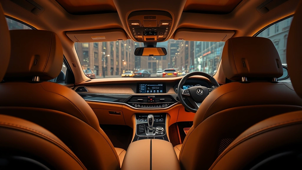 Interior dashboard view of luxury sedan featuring premium leather seats, illuminated touchscreen infotainment system, ambient lighting, open-pore wood trim, and steering wheel detail