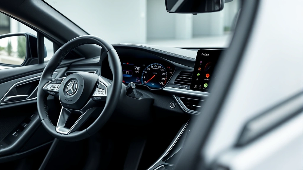 Modern sedan interior dashboard featuring contemporary steering wheel, digital instrument cluster, and premium infotainment display system