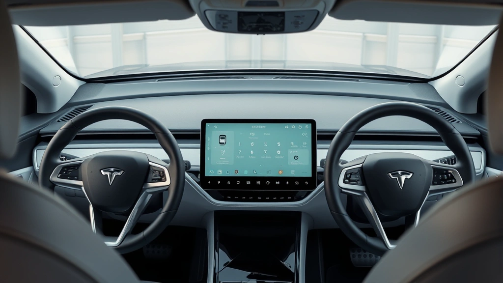 Luxury electric sedan interior dashboard with advanced touchscreen display and minimalist design, premium materials, professional automotive interior photography