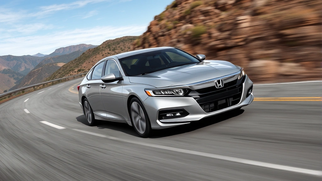 Honda Accord Hybrid midsize sedan, silver metallic finish, dynamic driving scene on winding mountain road, professional automotive photography, sharp focus on vehicle styling and proportions