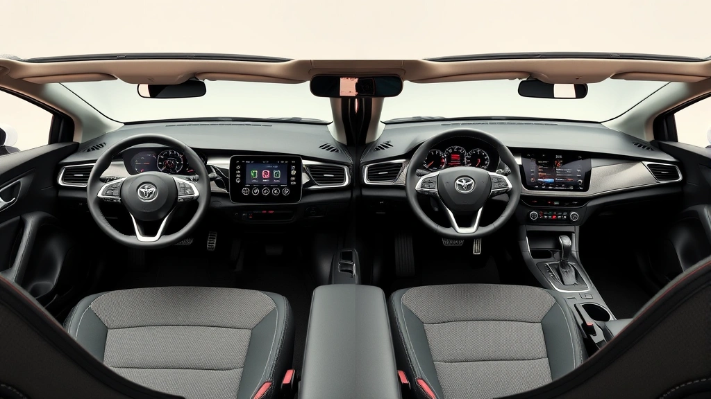 Hatchback interior dashboard comparison showing modern infotainment systems, steering wheels, and digital displays, multiple vehicles side-by-side, clean studio lighting