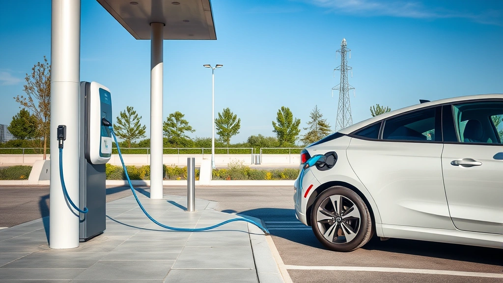 Modern electric vehicle charging at public charging station during daytime, modern infrastructure, clean minimalist setting with blue charging cable