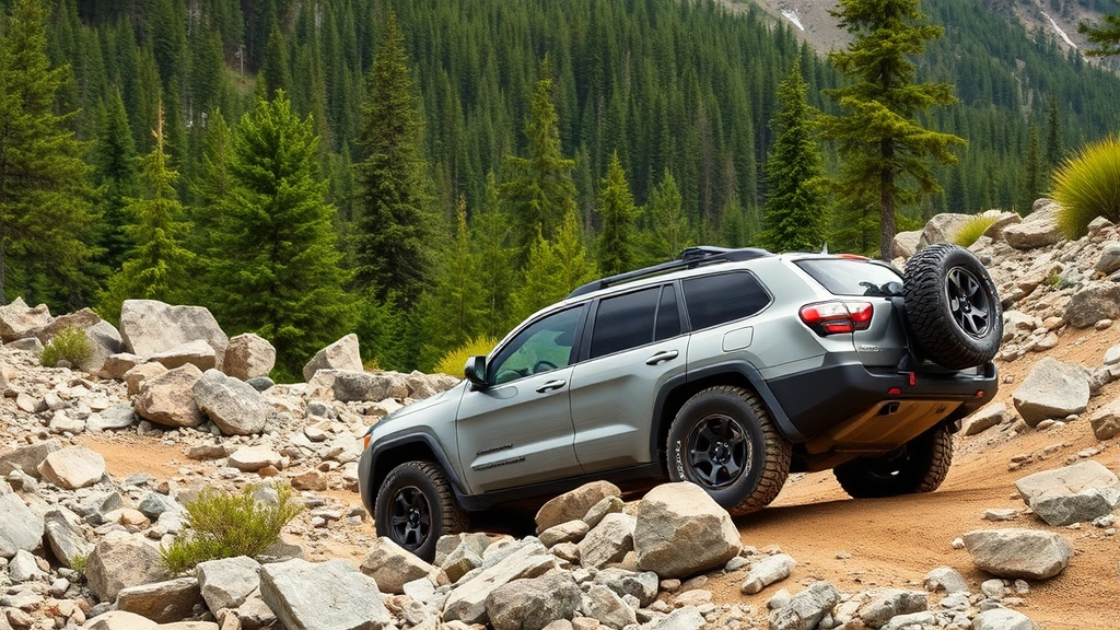 Midsize SUV navigating rocky mountain terrain with evergreen forest background, showcasing off-road capability and rugged design elements