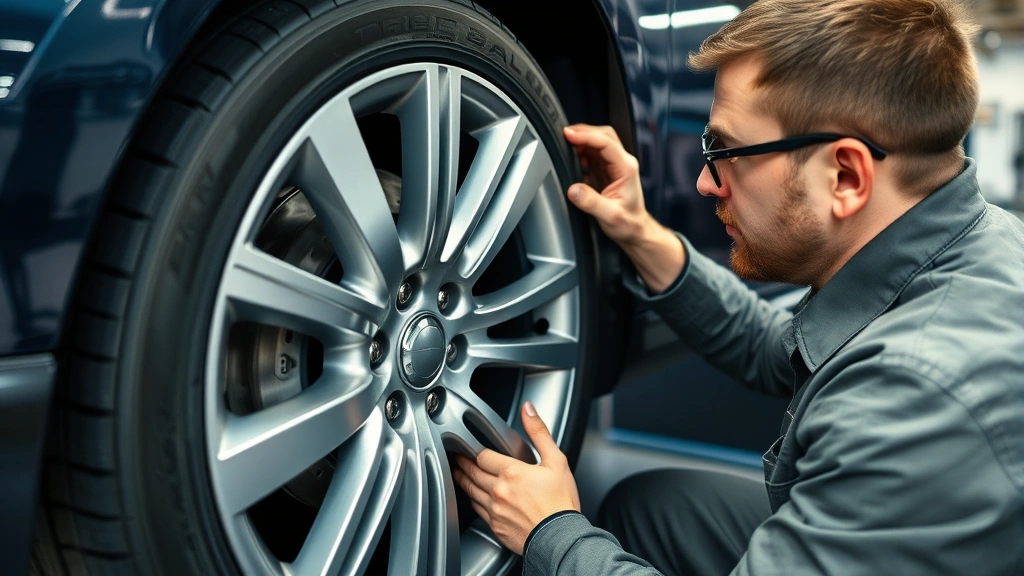 Technician checking tire tread depth and pressure on modern sedan wheel, showing proper measurement technique with gauge and inspection tools in automotive shop environment