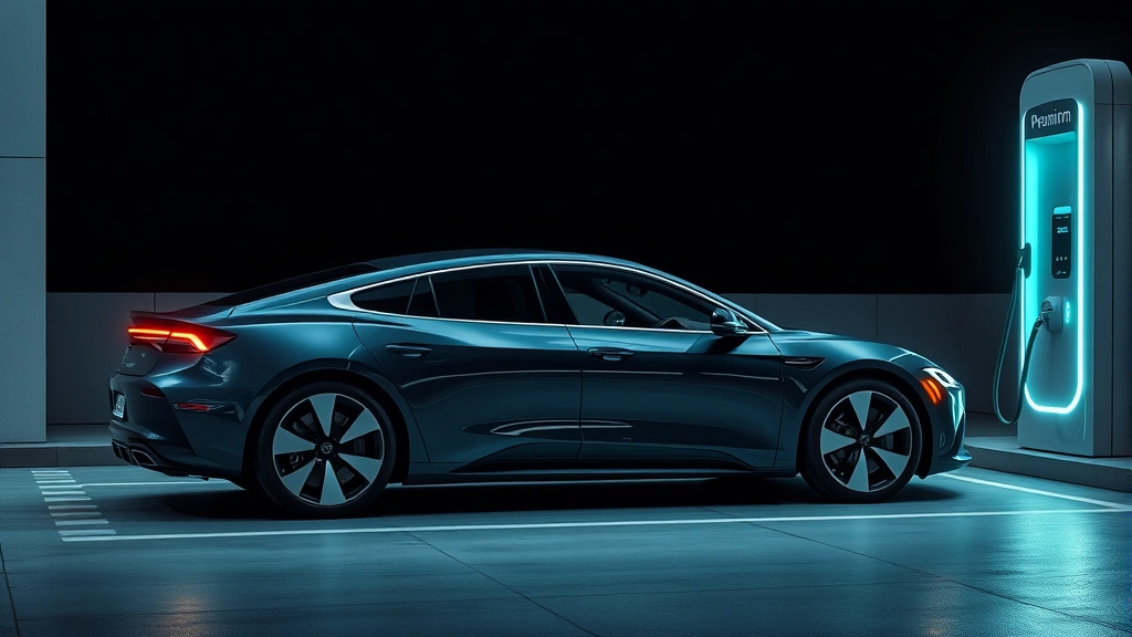 High-performance electric sedan charging at premium charging station, minimalist modern design, dramatic lighting emphasizing aerodynamic body lines and wheel design