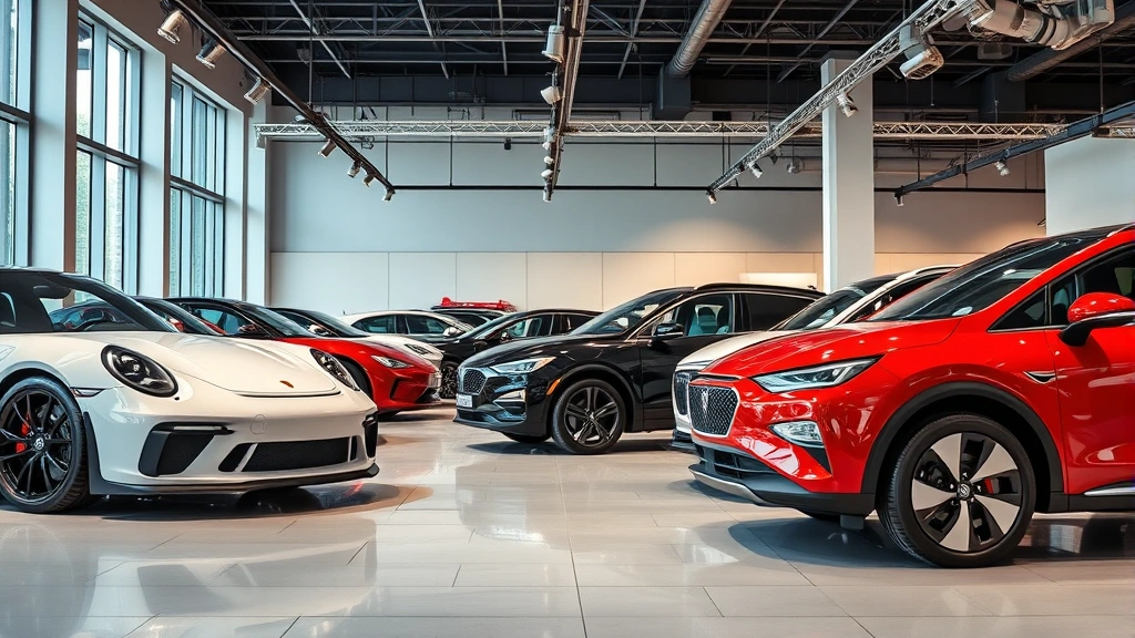 Diverse lineup of vehicles parked in modern showroom including sports car, family crossover, and electric vehicle, clean contemporary automotive retail environment
