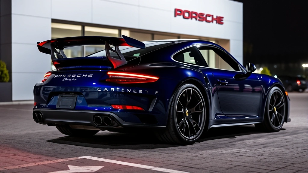 Porsche 911 Carrera in midnight blue metallic, side profile parked on exclusive dealership forecourt, dramatic lighting highlighting iconic rear wing and twin exhaust pipes, professional automotive photography style