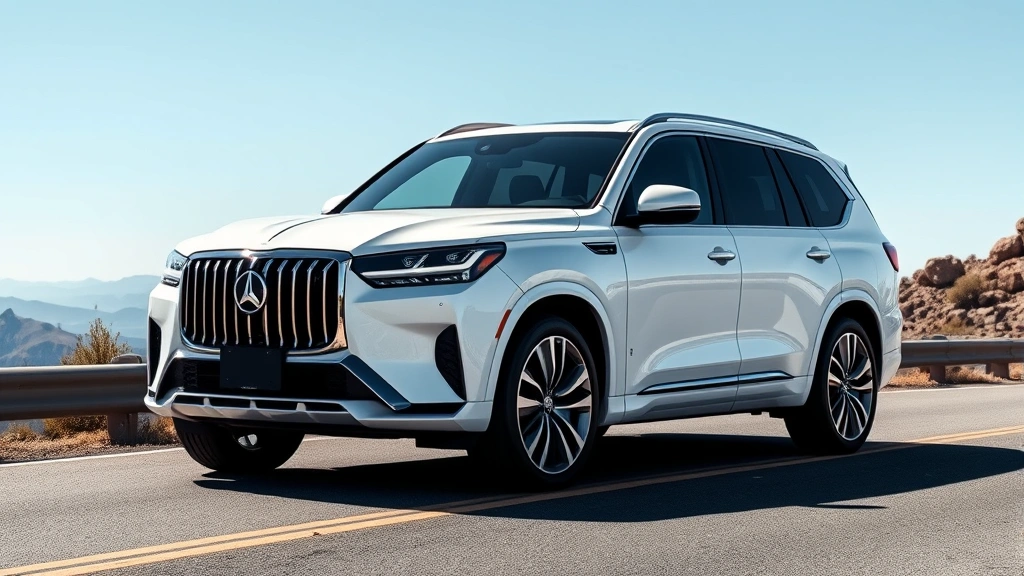 Luxury three-row SUV in pearl white, three-quarter front angle on mountain road, sophisticated design, clear skies, premium automotive styling, no visible license plates or logos