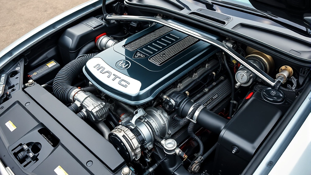 Sleek turbocharged sedan engine bay with chrome details, precision engineering, and visible performance components