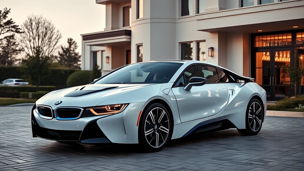 Luxury hybrid sedan BMW i4 parked in upscale driveway, premium design details, contemporary architecture background, elegant styling showcase