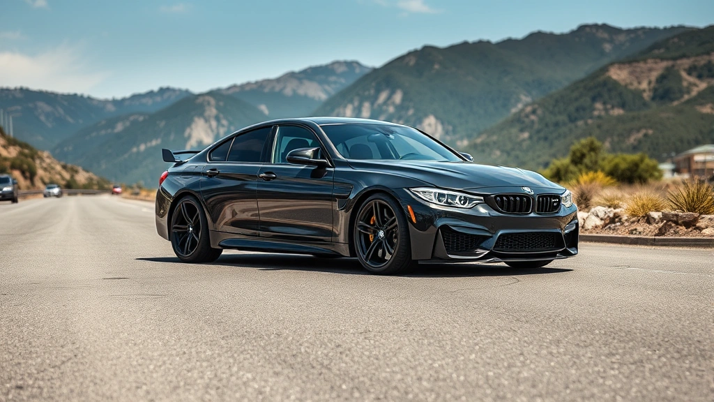 High-performance sport sedan with aggressive stance, dark wheels, dynamic angle, mountain road background, professional automotive photography, clear weather