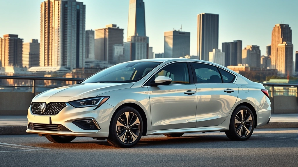 Modern sedan parked in urban setting with city skyline background, showcasing practical family vehicle design and contemporary styling elements