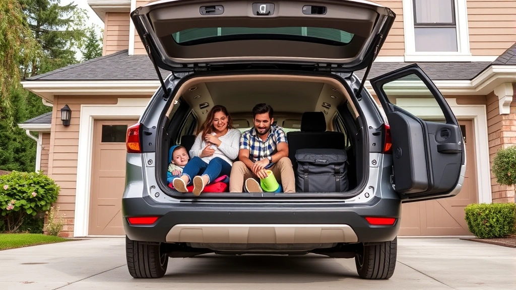 Modern family SUV parked at suburban home driveway with spacious cargo area open displaying storage capacity