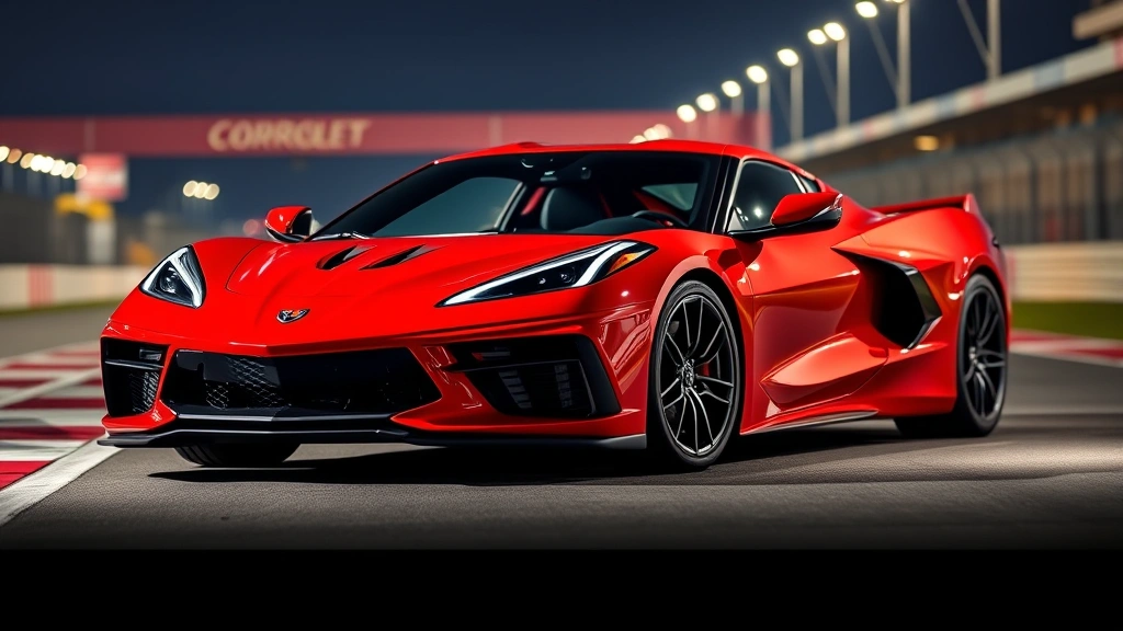 2024 Chevrolet Corvette Z06 mid-engine supercar in red, aggressive front-end styling, low stance, racing circuit background with dramatic lighting
