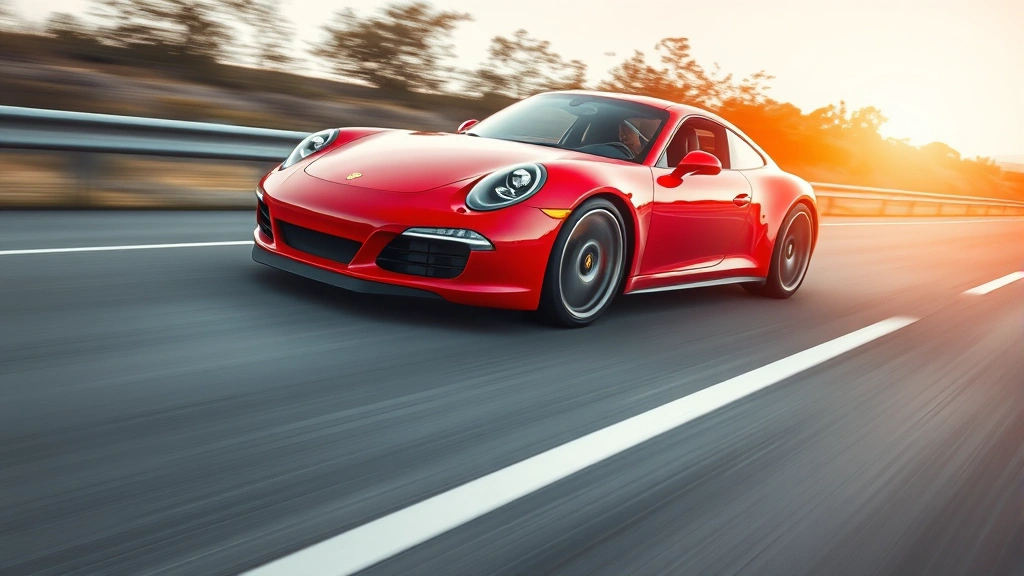 High-performance red Porsche 911 Carrera sports car accelerating on open highway with motion blur background