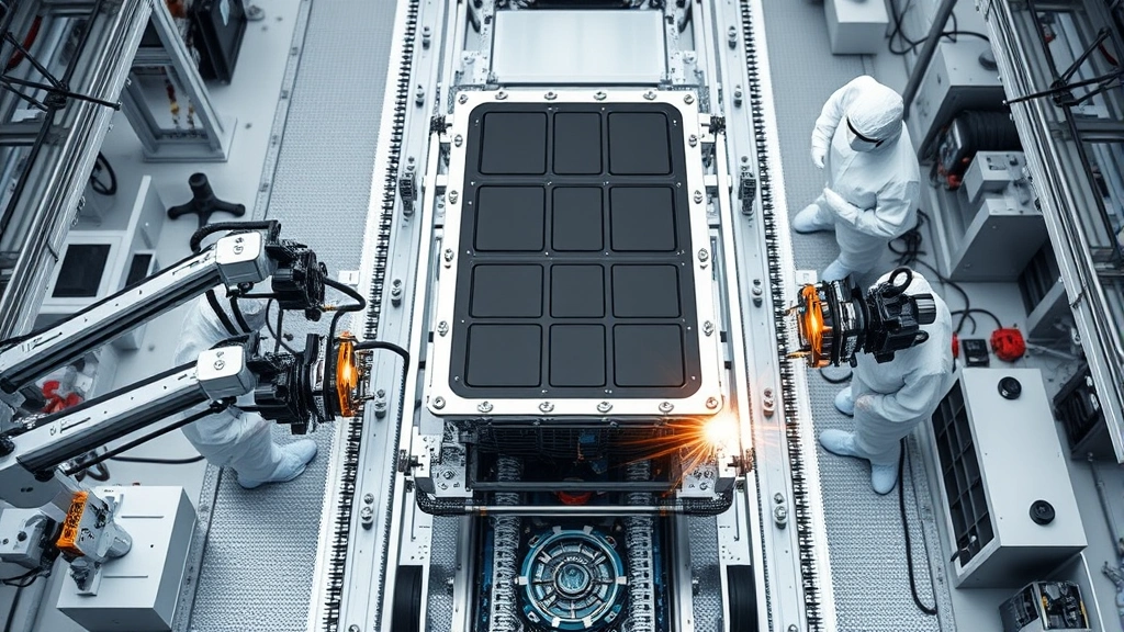 Overhead view of advanced EV battery pack assembly on manufacturing line, precision robotic welding and component integration, industrial facility with workers in clean-room protective gear, photorealistic technical clarity