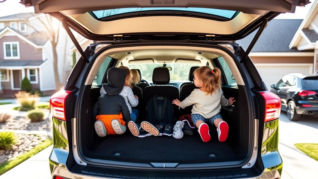 Three-row family SUV in suburban driveway, side profile showing spacious cargo area with rear hatch open, children's outdoor gear visible, residential neighborhood background, bright daylight