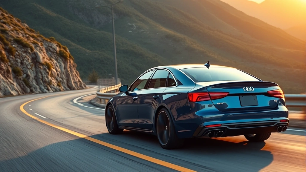 High-performance sport sedan in deep blue, captured mid-acceleration on curved mountain road, dramatic side profile showcasing aggressive body lines and premium wheel design, golden hour lighting