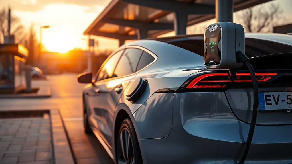 Modern electric vehicle charging at public station during sunset, sleek EV design profile, sustainable transportation infrastructure, contemporary automotive future