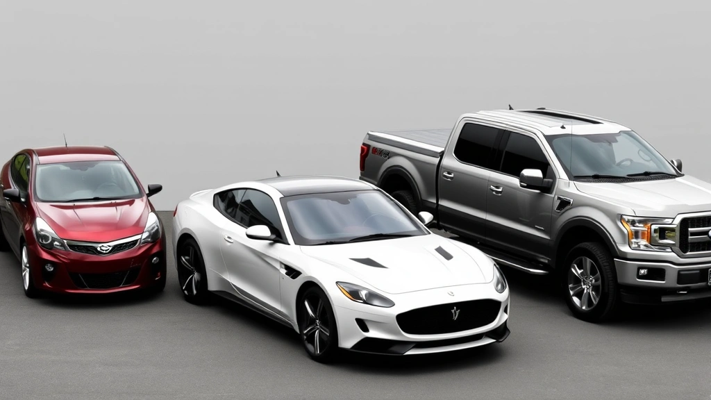 Multiple modern vehicles parked in a line showing different segments: compact car, sedan, SUV, sports car, pickup truck side by side