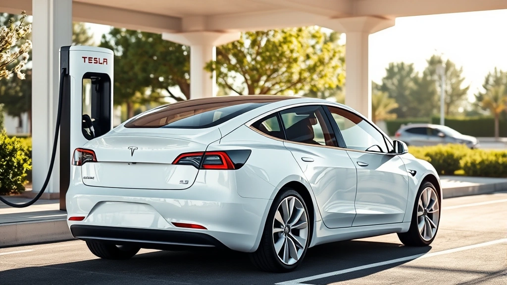 Tesla Model 3 Long Range in white, charging at public charging station, clean modern infrastructure visible, environmental focus, bright daylight conditions