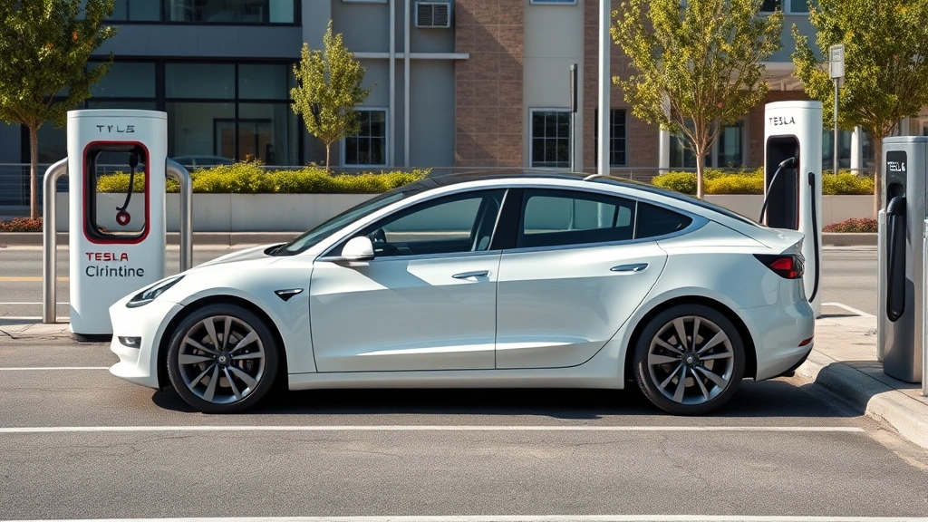Tesla Model 3 electric sedan charging at modern charging station, sleek design, minimalist aesthetic, contemporary urban environment, bright daylight