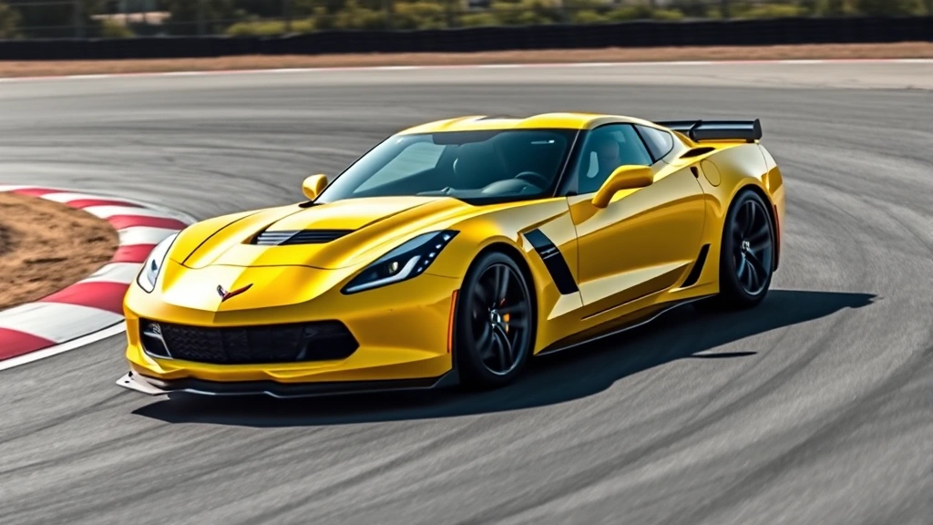 Aggressive mid-engine Chevrolet Corvette Z06 in bright yellow on race track with sharp cornering, dynamic sports car action shot