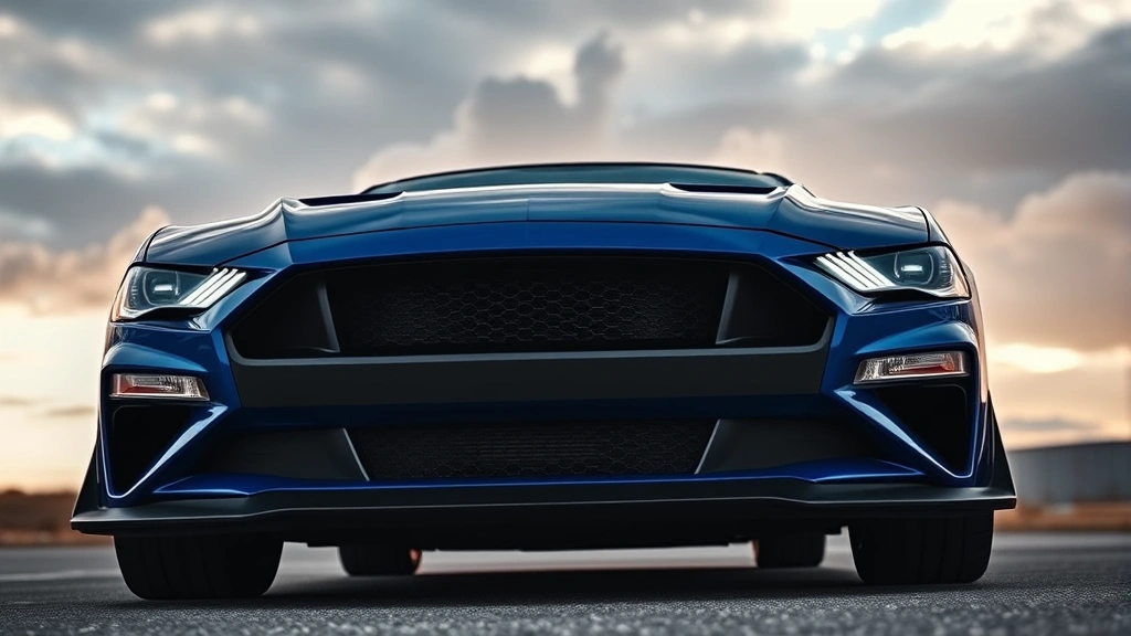 Blue 2024 Ford Mustang Dark Horse muscle car captured from dynamic low angle emphasizing aggressive stance, muscular hood lines, and performance-oriented front fascia against dramatic sky backdrop