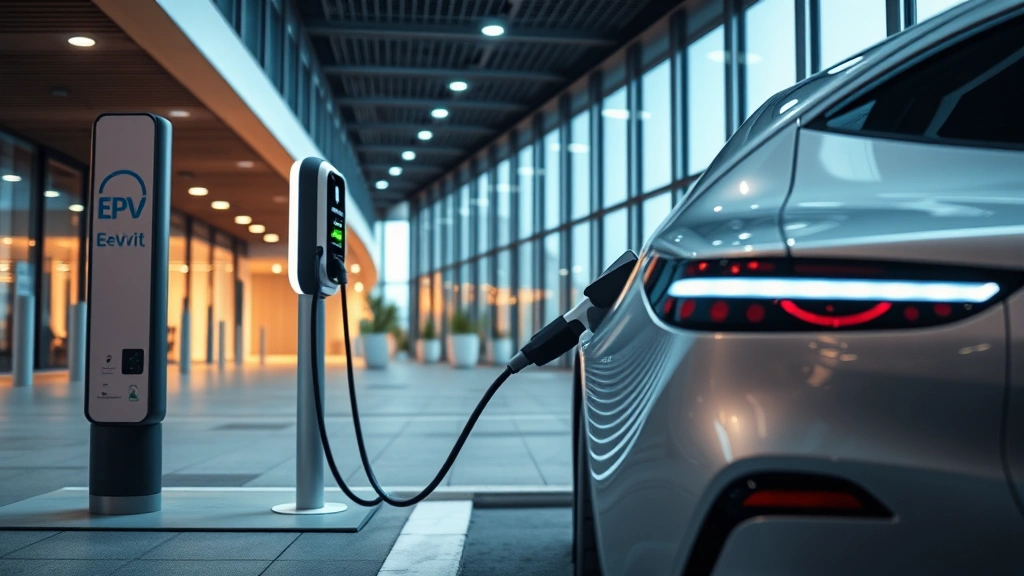 Electric vehicle charging station at modern facility, sleek EV plugged in, contemporary architecture background, technology and sustainability theme, daytime lighting