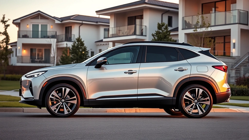Luxury crossover SUV parked in upscale residential area with modern architecture background, premium wheels visible, perfect paint finish, golden hour lighting, sophisticated styling
