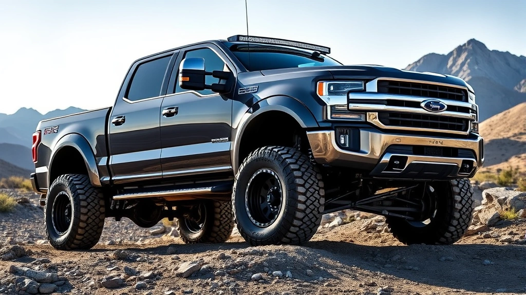 Full-size pickup truck with aggressive stance, lifted suspension, all-terrain tires, chrome accents, photographed on rugged off-road terrain with mountains in background