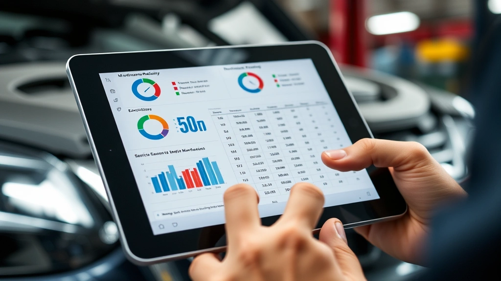 Close-up of vehicle reliability metrics and maintenance records displayed on tablet, mechanic reviewing service history, professional automotive documentation