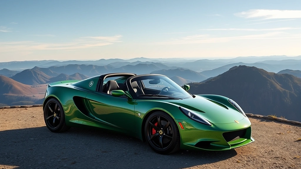 Lotus Emira V6 British racing green lightweight sports car parked on mountain vista overlook with dramatic landscape background and clear sky