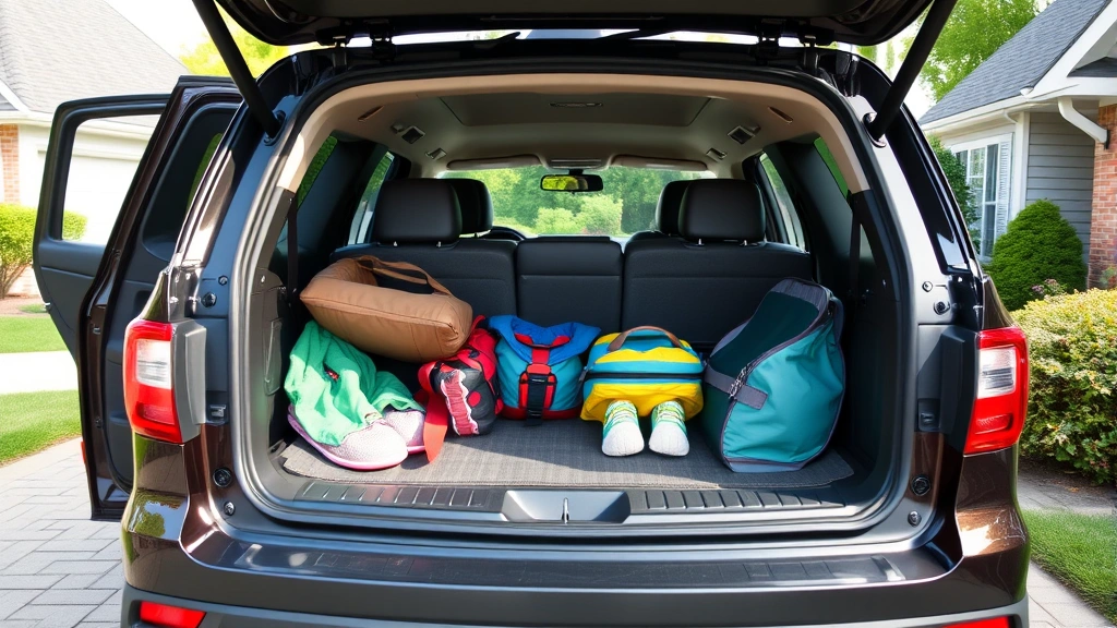 Family SUV parked in suburban driveway with open cargo area displaying practical storage space, children's gear, and comfortable seating configuration for long-distance travel